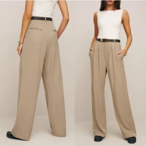 Reformation Mason Khaki Trousers High Waist Pleated Wide Leg Career Women's 10 - Picture 3 of 15